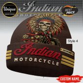 Indian Motorcycle beanie with a skull wearing a headdress, motorcycle graphic, and customizable name tags.!