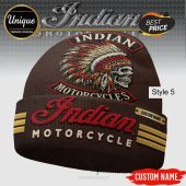 Indian Motorcycles beanie featuring a skull with a feathered headdress and custom name options.!