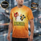 Orange yellow gradient tee, comic art of Omni-Man and Invincible flying, bold text 'INVINCIBLE' printed!