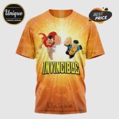 Orange superhero tee, Invincible comic characters Omni-Man and Invincible flying, bright sunburst design, yellow 'INVINCIBLE' text!