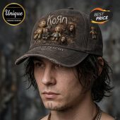 Distressed dark gray Korn band baseball cap featuring voodoo dolls, band members, and 'LIFE IS PEACHY' text!