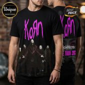 Black band tee with neon pink Korn logo and band photo on front! Back features Korn logo, Architects, LIVE TOUR 202 tour dates!