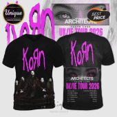 Black V-neck t-shirt, front features pink distressed Korn logo and band photo! Back lists pink Korn logo, Architects UK/IE Tour 2026 dates!