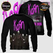 Black long-sleeve shirt featuring pink KoЯn logo, Korn band photo, and 2026 tour dates including Direct Bank Arena!