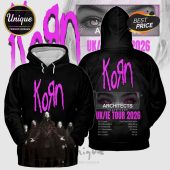 Black Korn hoodie with neon pink logo, band members, Architects eyes, UK/IE Tour 2026 dates!