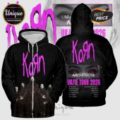 Black Korn full zip hoodie! Pink distressed Korn logo, band members front! Back: Korn, Architects Youth Code UK/IE TOUR 2026 dates!