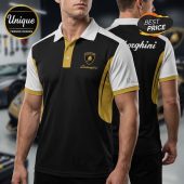 Black polo shirt with white sleeves and gold accents; 'Lamborghini' logo and text!