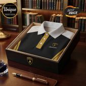 Black polo shirt with AUTOMOBILI LAMBORGHINI logo, white collar, gold accents, in dark wooden box!