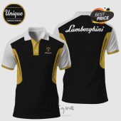 Black polo shirt with white and gold accents, featuring 'Lamborghini' text and logo!
