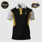Black polo shirt featuring Lamborghini logo, white shoulders, and gold accents! Style for racing fans!