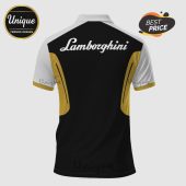 Polo shirt: black, gold, white. Text: Lamborghini. Car enthusiast apparel!