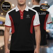 Black, white, and red Lexus polo shirt featuring the Lexus logo.!