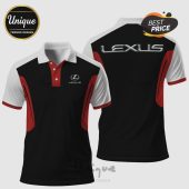 Black polo shirt with red and white accents and Lexus logo and text.!