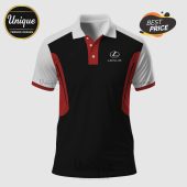 Lexus logo on a black, white, and red polo shirt with short sleeves.!