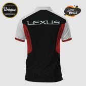 Back view of a polo shirt with the word LEXUS in silver and black, with red accents on the sides and white sleeves.!