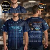 Blue baseball jersey with 'Tennessee' text, tour dates for Luke Combs, 'Saturday Night' text! Country concert merch!