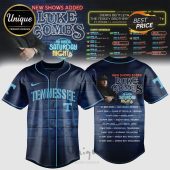 Luke Combs baseball jersey. Navy/aqua, 'Tennessee' text. Concert dates listed. Vintage design.!
