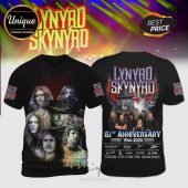 Black tee with Lynyrd Skynyrd band member faces, plus the text: 61st Anniversary 1964-2025 and Thank you for the memories!