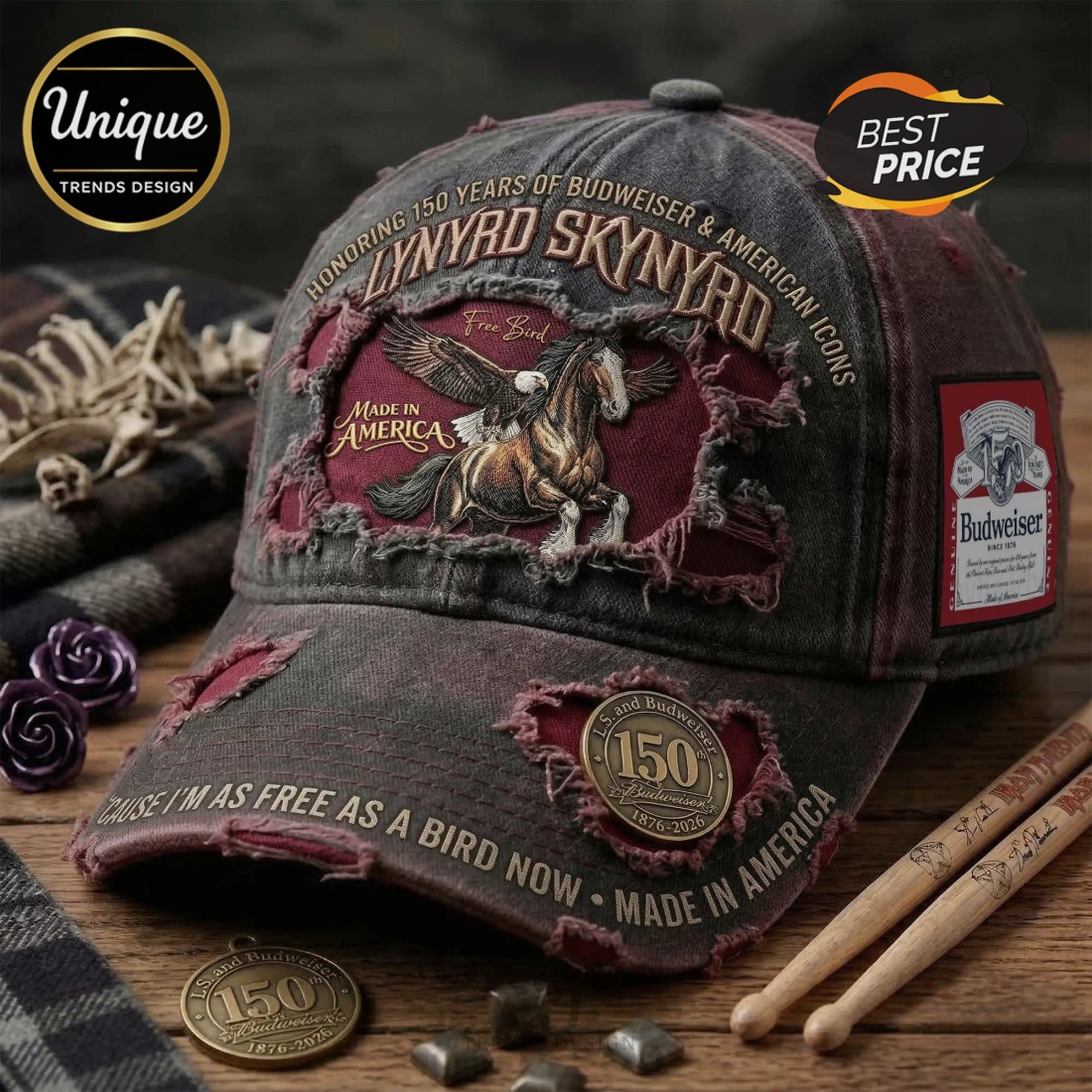Lynyrd Skynyrd Budweiser 150th Anniversary Distressed Vintage Style Cap Lynyrd Skynyrd Budweiser 150th Anniversary Distressed Vintage Style Cap
