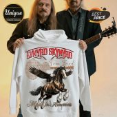 White hoodie with Lynyrd Skynyrd, Free Bird song lyrics, Pegasus horse. Text: Made in America!
