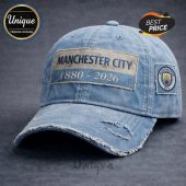 Blue hat, Manchester City 1880-2026 text! Distressed style, sports fan gear!