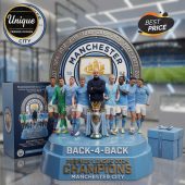 Manchester City figurine: Sky blue, white text 'Back-4-Back Premier League 2024 Champions Manchester City'.!