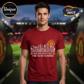 Red Manchester United tribute tee with white player names skyline design and crest! Text reads MANCHESTER THANK YOU FOR THE MEMORIES!