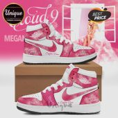 Customizable pink and white sneakers with 'Cloud 9', 'Megan Moroney', and 'Custom Name' text, Air Jordan logo on the ankle.!