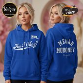 Blue hoodie with 'Am I Okay?' graphic on front, 'Megan Moroney' on back, and MM flag design.!