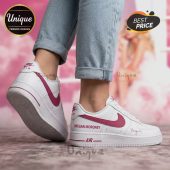 White custom sneakers with pink swoosh, soles, and text: MEGAN MORONEY, AIR, and signature art!