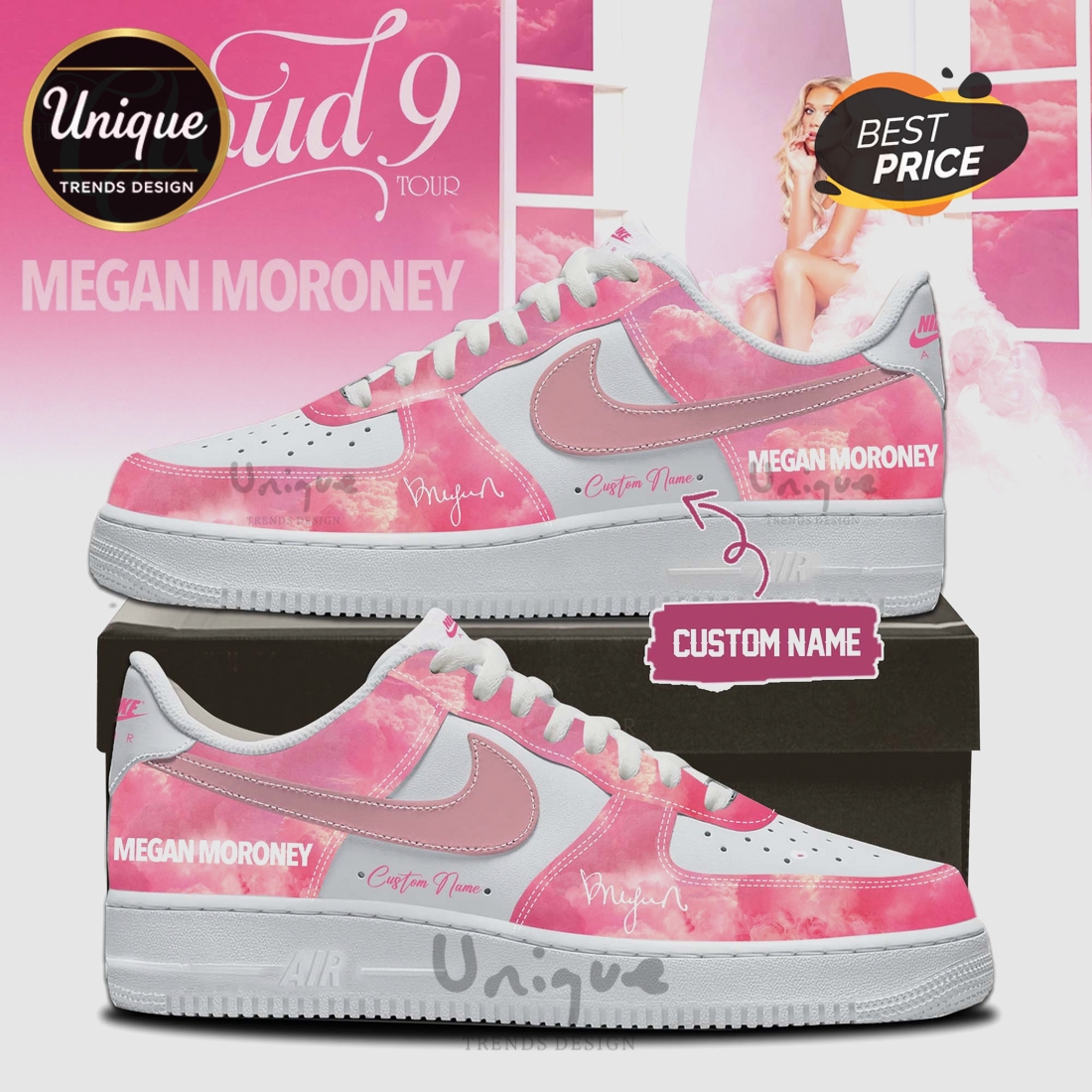 Megan Moroney Cloud 9 Tour Custom Pink Air Force 1 Sneakers Megan Moroney Cloud 9 Tour Custom Pink Air Force 1 Sneakers