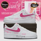 White custom sneakers, pink accents. 'Cloud 9 TOUR', 'Megan Moroney', custom name text design!