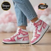 Pink & white hi-top sneakers with custom text: Megan Moroney, Custom Name, Cloud 9! Fashion sneaker aesthetic!