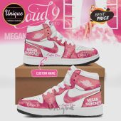 Pink Cloud 9 sneakers: Custom text, 'Megan Moroney', white swoosh! Trendy shoes!