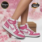 Pink and white custom sneakers with the name 'Megan Moroney' and a signature design.!
