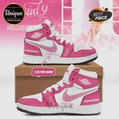 Pink and white high-top sneakers with customizable name text and 'Unique Trend Design' logo.!