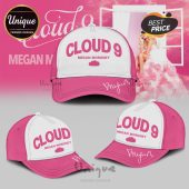 Pink and white cap featuring 'Cloud 9 Megan Moroney'. Signature detail. Pop music style!