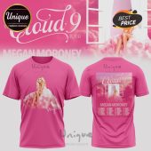 Pink tee with Megan Moroney Cloud 9 Tour design! Features tour dates, window, clouds, and her signature!