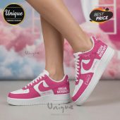 Pink and white custom shoes featuring text: Megan Moroney, Custom Name, and Cloud 9!