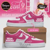 Custom sneakers, pink and white. Features 'Cloud 9' and 'MEGAN MORONEY' text. Personalized name option!