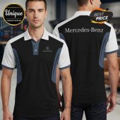 Mercedes-Benz logo and text on a black, white, and grey polo shirt.!