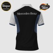 Back view of a black, gray, and blue polo shirt with 'Mercedes-Benz' printed across the upper back.!