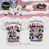 White Disney Mickey Minnie t-shirt! Patriotic red, white, blue cartoon design! Text: CELEBRATING 250 YEARS OF FREEDOM, Keep Dreaming America 1776-2026!
