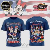 Navy blue t-shirt with patriotic Mickey Minnie cartoon design! Front: 'CELEBRATING 250 YEARS OF FREEDOM'! Back: 'Keep Dreaming America 1776-2026'!