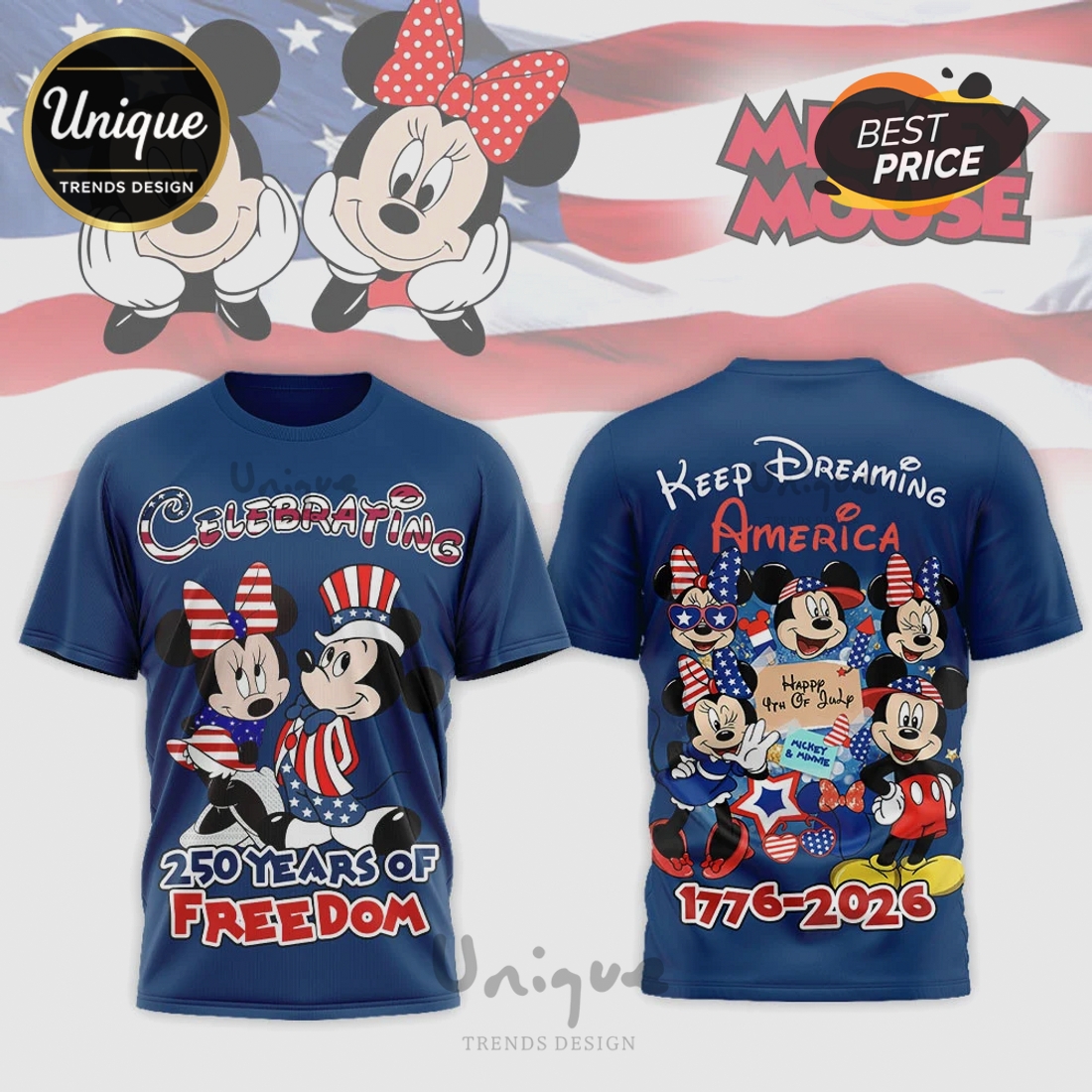 Mickey & Minnie Mouse Celebrating America Patriotic Graphic 3D T-Shirt Mickey & Minnie Mouse Celebrating America Patriotic Graphic 3D T-Shirt
