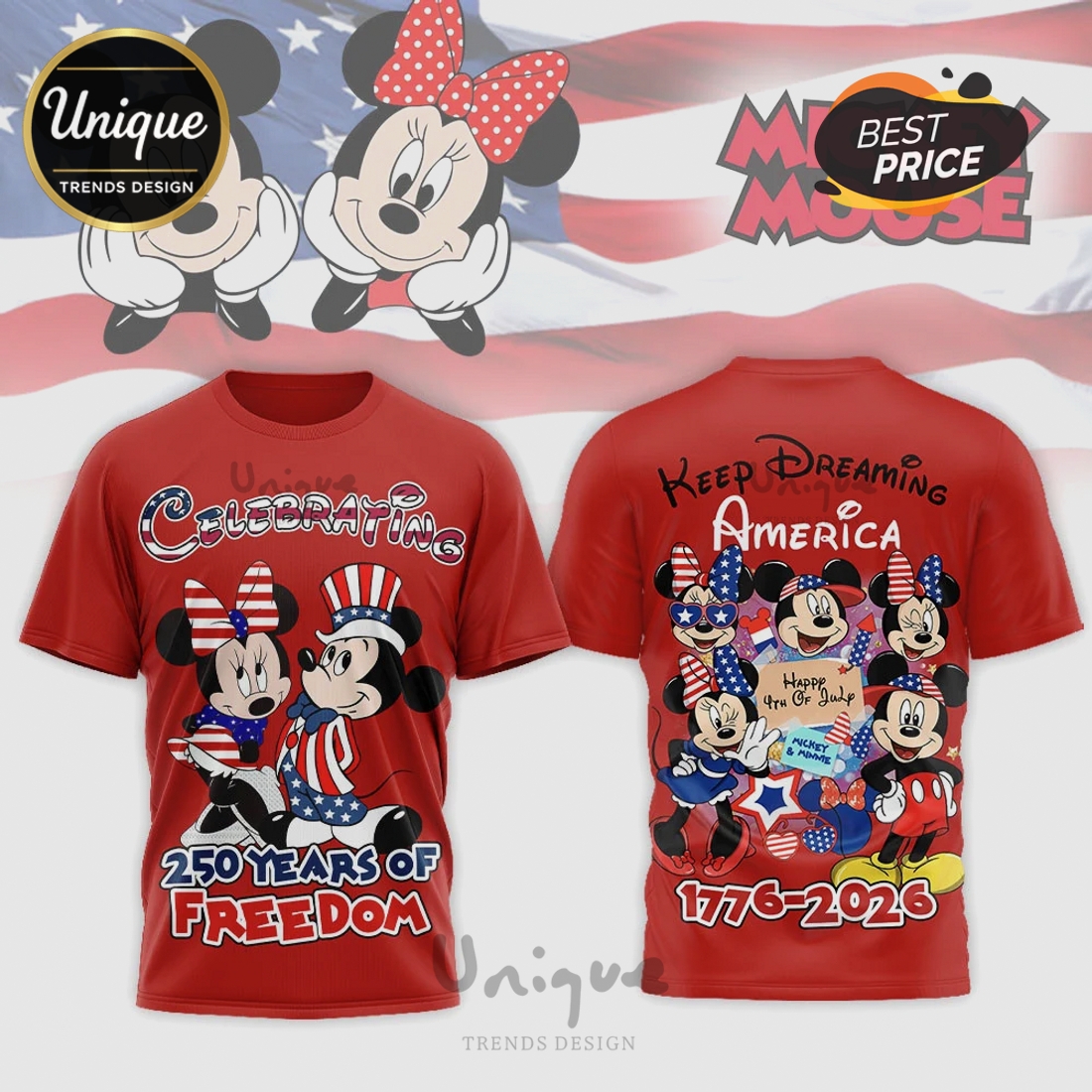 Mickey & Minnie Mouse Celebrating America Patriotic Graphic 3D T-Shirt Mickey & Minnie Mouse Celebrating America Patriotic Graphic 3D T-Shirt