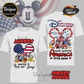 White tees: Mickey, Minnie, Donald, Goofy 'Happy 4th of July' or 'Happy Birthday America 1776-2026'. Red, white, blue, cartoon style!