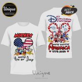 White tee with Mickey Mouse, Donald Duck, Pluto 4th of July text, Disney America Happy Birthday graphic, patriotic design!