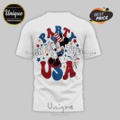 White tee with retro patriotic Minnie Mouse, stars, fireworks, and 'PARTY IN THE USA' in red and blue text!