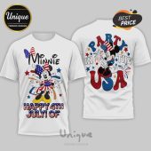 White patriotic Minnie and Mickey Mouse cartoon t-shirt! Front says Minnie, HAPPY 4TH JULY! OF! Back says PARTY IN THE USA!